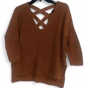 Express Women's Tan V-Neck Sweater with Crisscross Back